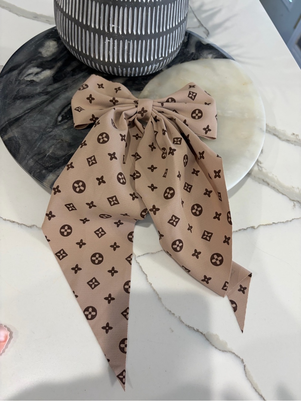 Monogram Pattern Beige Bow Hair Scarf - Picture 2 of 3
